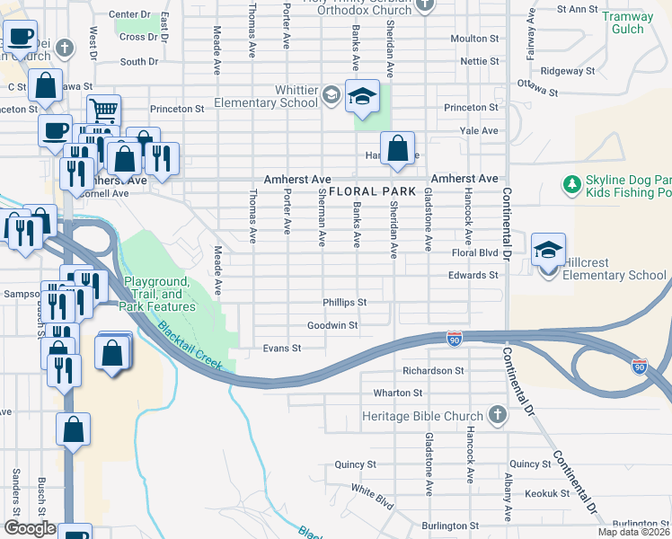 map of restaurants, bars, coffee shops, grocery stores, and more near 2811 Floral Boulevard in Butte-Silver Bow