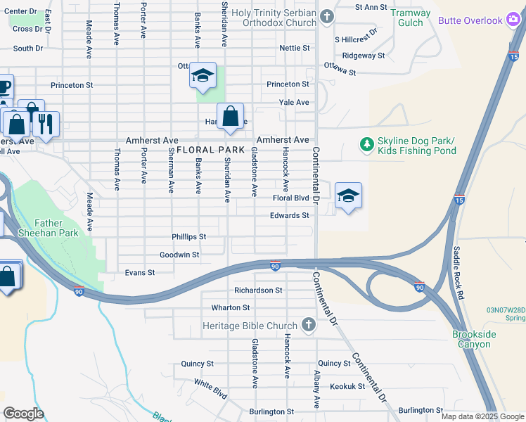 map of restaurants, bars, coffee shops, grocery stores, and more near 3046 Floral Boulevard in Butte