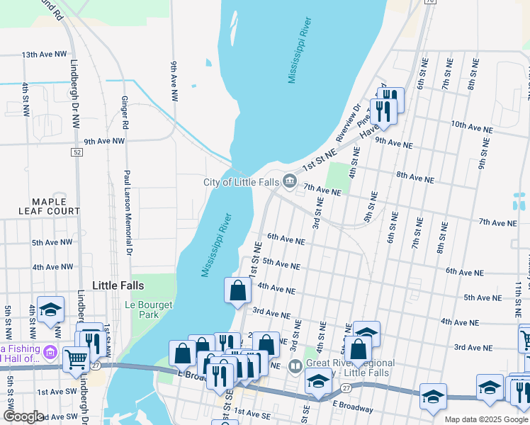 map of restaurants, bars, coffee shops, grocery stores, and more near 735 1st Street Northeast in Little Falls