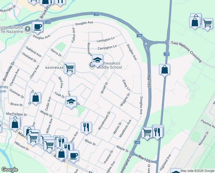map of restaurants, bars, coffee shops, grocery stores, and more near 10 Evans Street in Fredericton