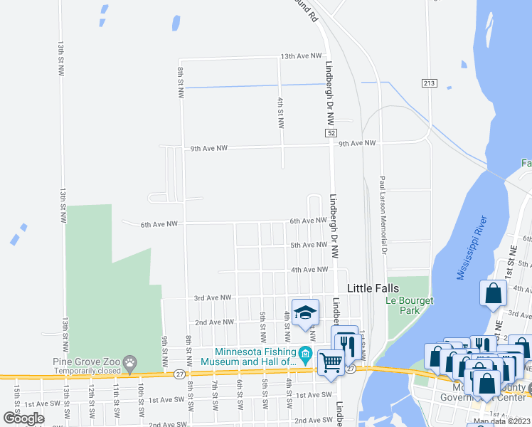 map of restaurants, bars, coffee shops, grocery stores, and more near 408 6th Avenue Northwest in Little Falls