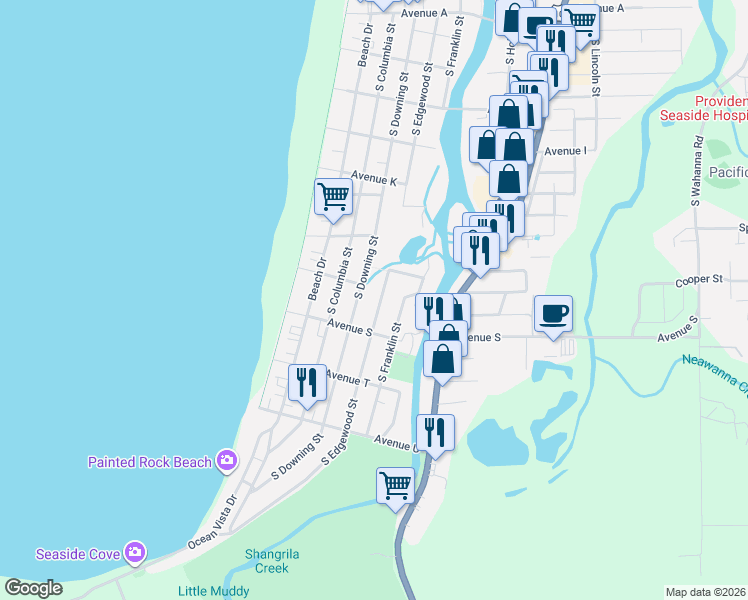 map of restaurants, bars, coffee shops, grocery stores, and more near 1658 South Edgewood Street in Seaside