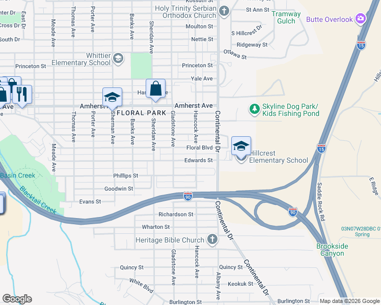 map of restaurants, bars, coffee shops, grocery stores, and more near 3136 Floral Boulevard in Butte