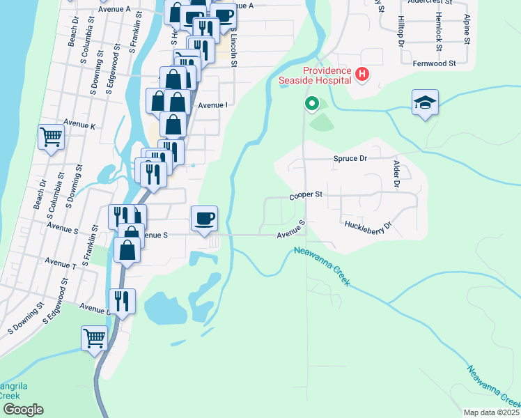 map of restaurants, bars, coffee shops, grocery stores, and more near 1320 Avenue South in Seaside