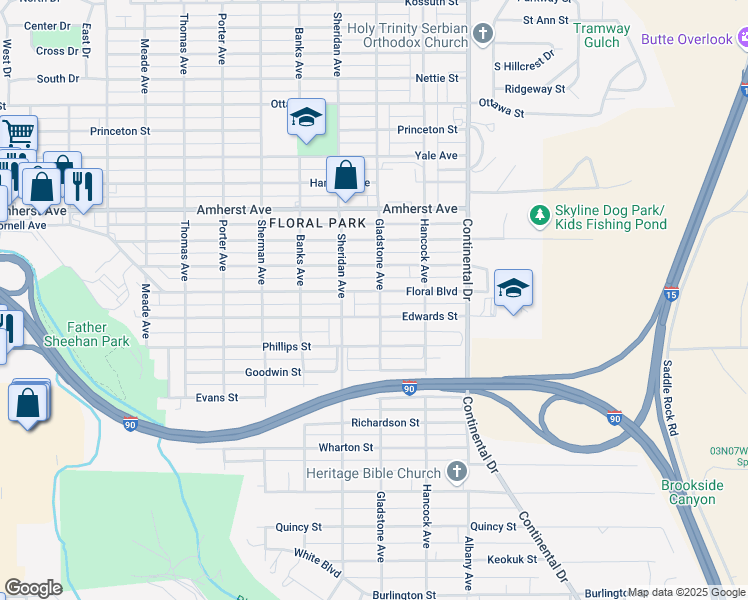 map of restaurants, bars, coffee shops, grocery stores, and more near 3046 Floral Boulevard in Butte