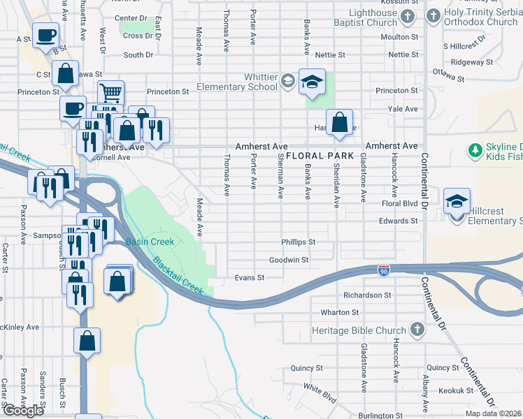map of restaurants, bars, coffee shops, grocery stores, and more near 2709 Floral Boulevard in Butte