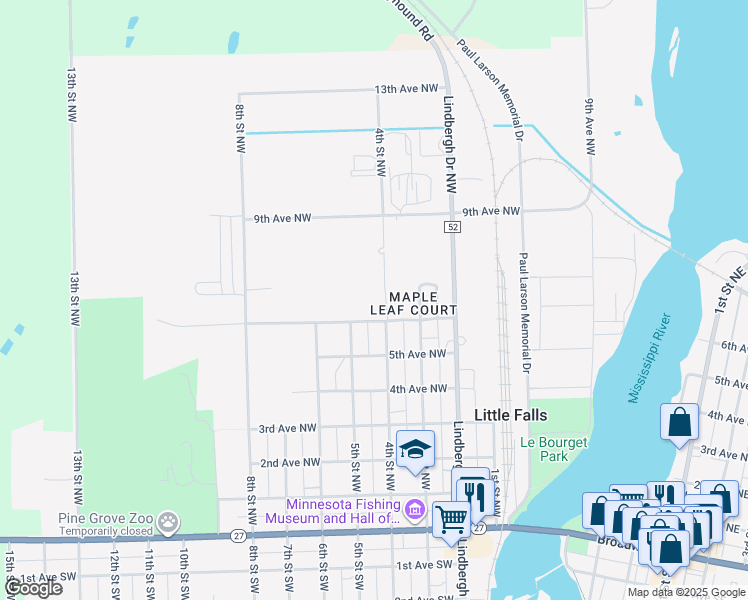 map of restaurants, bars, coffee shops, grocery stores, and more near 406 6th Avenue Northwest in Little Falls
