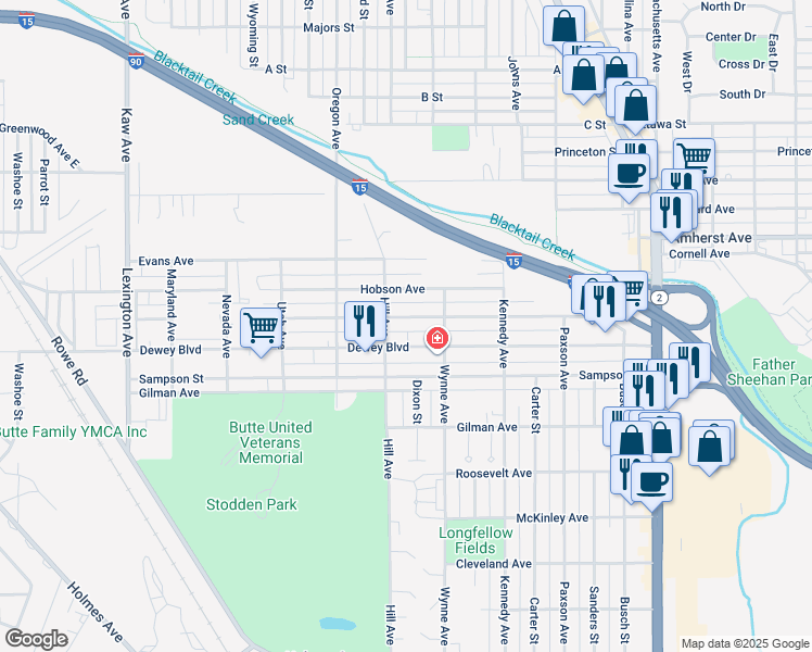map of restaurants, bars, coffee shops, grocery stores, and more near 1414 Schley Avenue in Butte