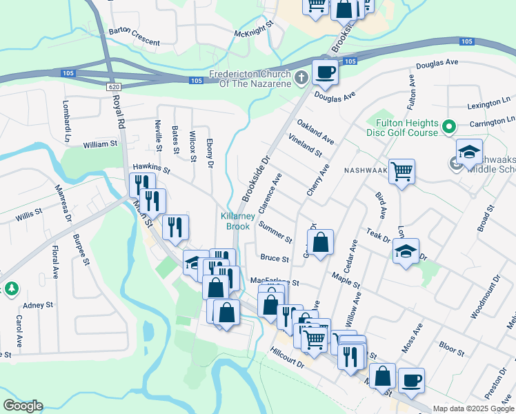 map of restaurants, bars, coffee shops, grocery stores, and more near 112 Winter Street in Fredericton