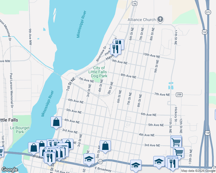 map of restaurants, bars, coffee shops, grocery stores, and more near 715 5th Street Northeast in Little Falls