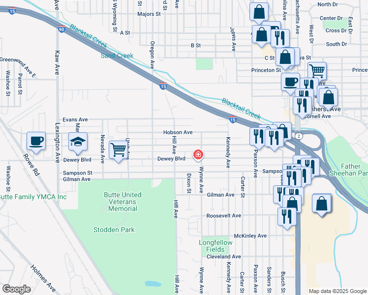 map of restaurants, bars, coffee shops, grocery stores, and more near 1414 Schley Avenue in Butte