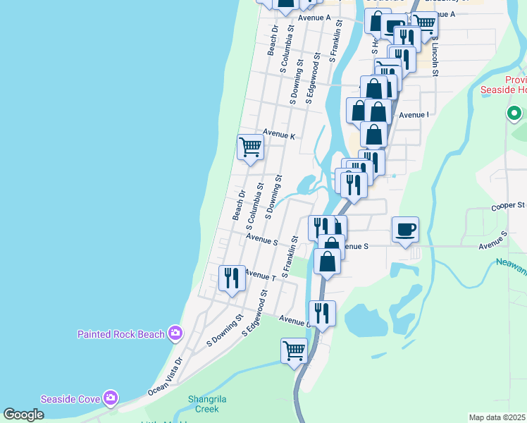 map of restaurants, bars, coffee shops, grocery stores, and more near 231 Lewis and Clark Way in Seaside