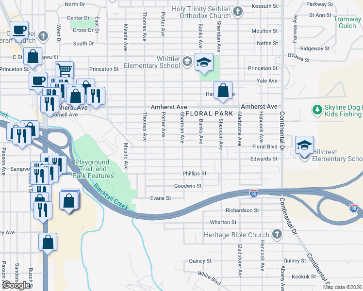 map of restaurants, bars, coffee shops, grocery stores, and more near 2811 Floral Boulevard in Butte