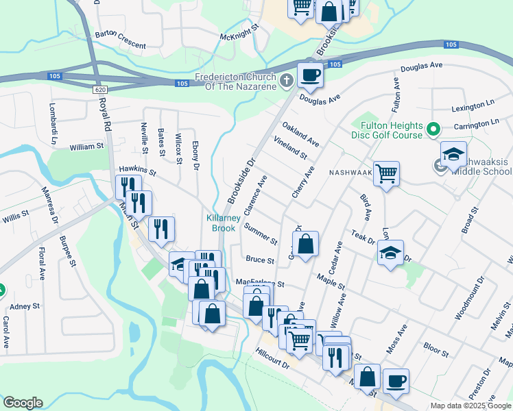 map of restaurants, bars, coffee shops, grocery stores, and more near 112 Winter Street in Fredericton
