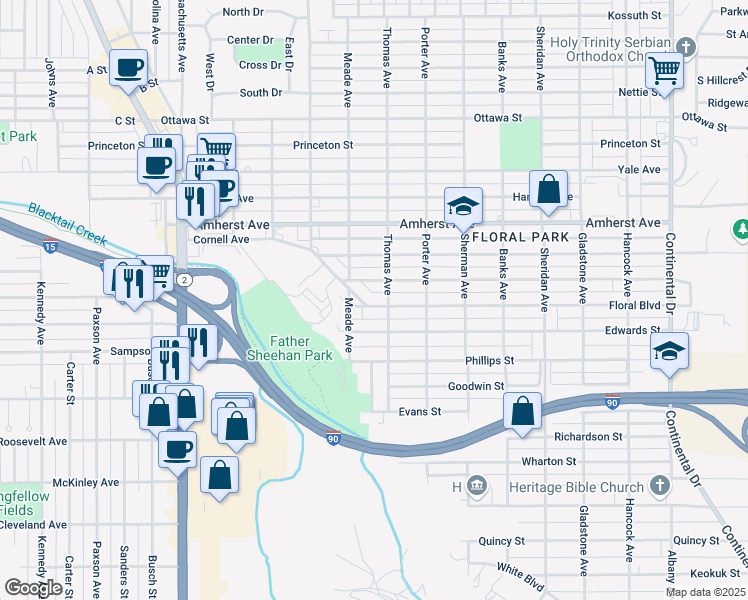 map of restaurants, bars, coffee shops, grocery stores, and more near 2545 Floral Boulevard in Butte