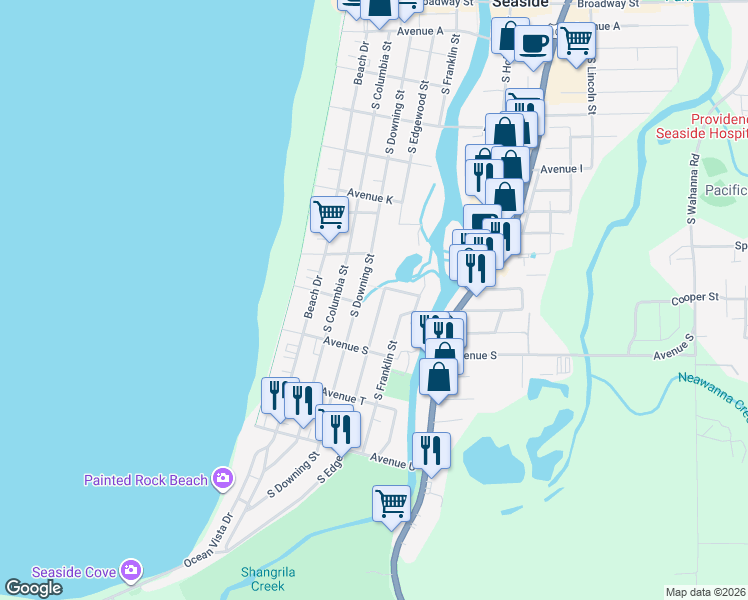 map of restaurants, bars, coffee shops, grocery stores, and more near 1631 South Edgewood Street in Seaside