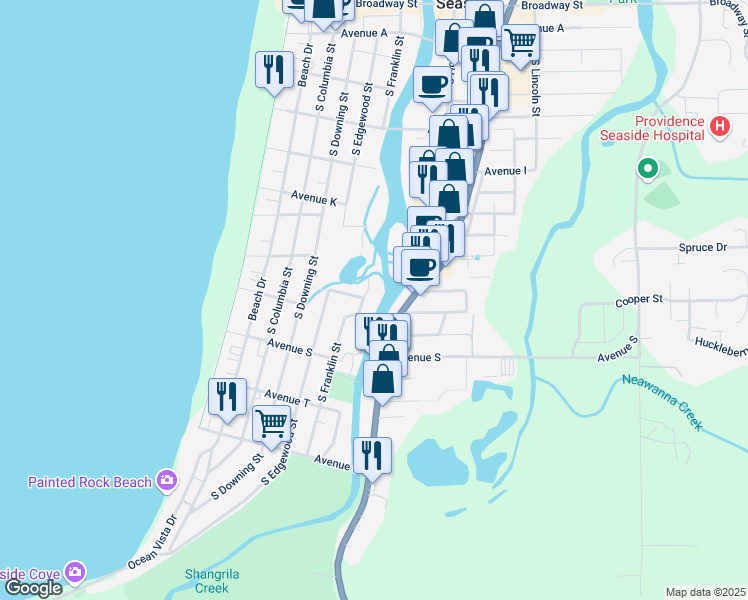 map of restaurants, bars, coffee shops, grocery stores, and more near 1577 South Franklin Street in Seaside