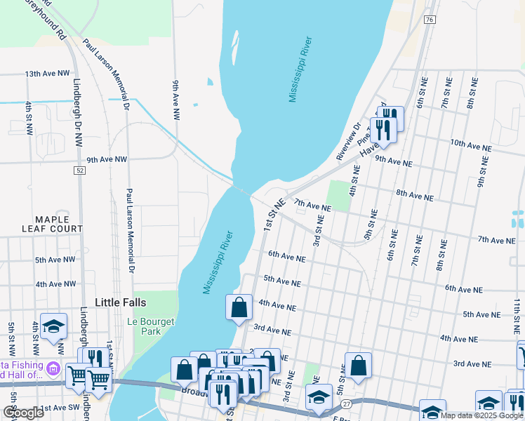 map of restaurants, bars, coffee shops, grocery stores, and more near 735 1st Street Northeast in Little Falls