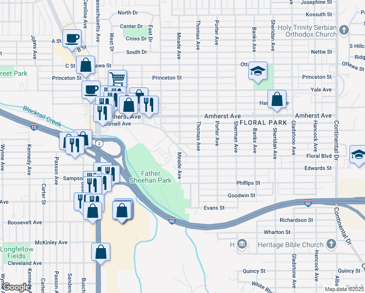 map of restaurants, bars, coffee shops, grocery stores, and more near 2545 Floral Boulevard in Butte