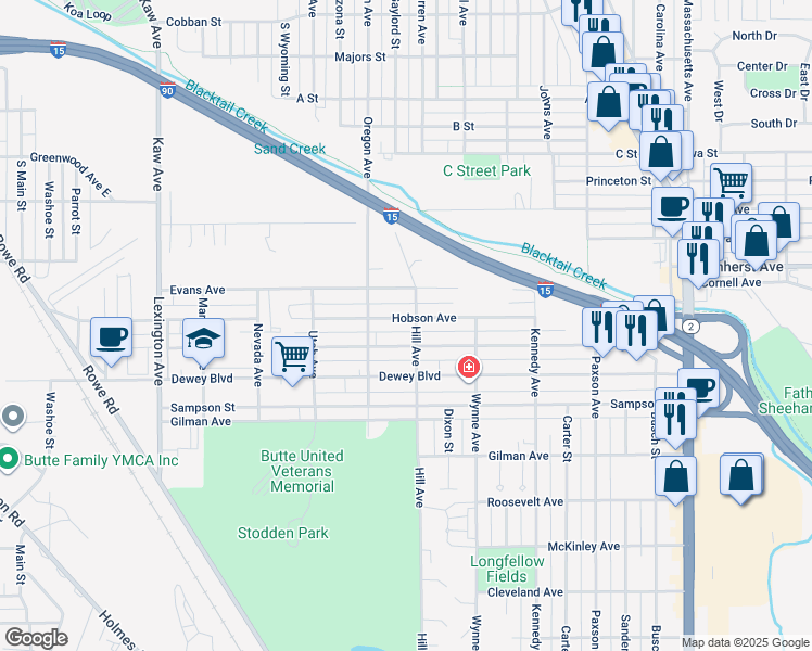 map of restaurants, bars, coffee shops, grocery stores, and more near 1350 Evans Avenue in Butte-Silver Bow
