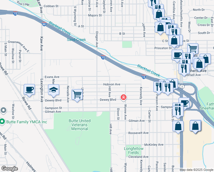 map of restaurants, bars, coffee shops, grocery stores, and more near 1350 Evans Avenue in Butte-Silver Bow