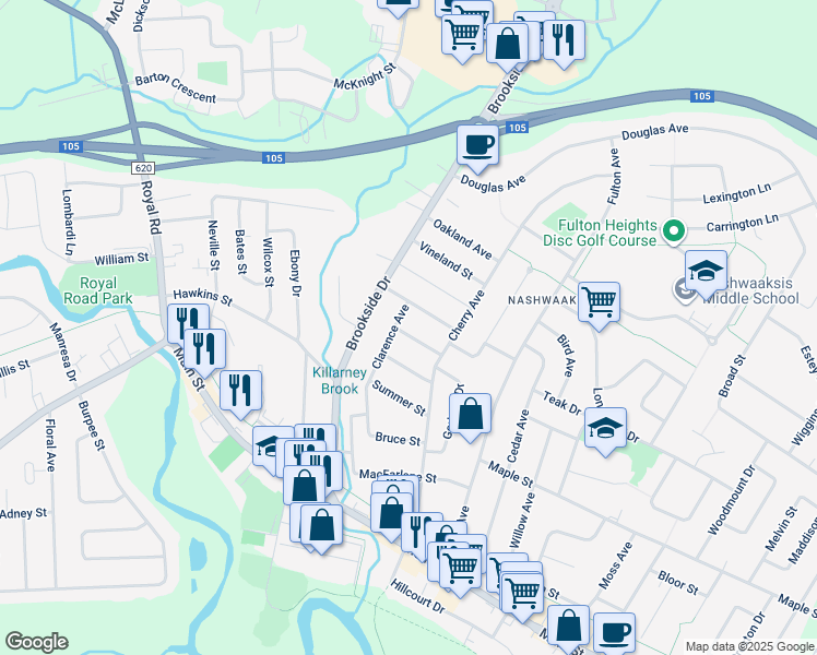 map of restaurants, bars, coffee shops, grocery stores, and more near 108 Autumn Street in Fredericton