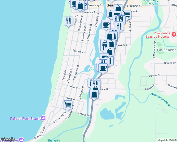 map of restaurants, bars, coffee shops, grocery stores, and more near 1450 South Franklin Street in Seaside