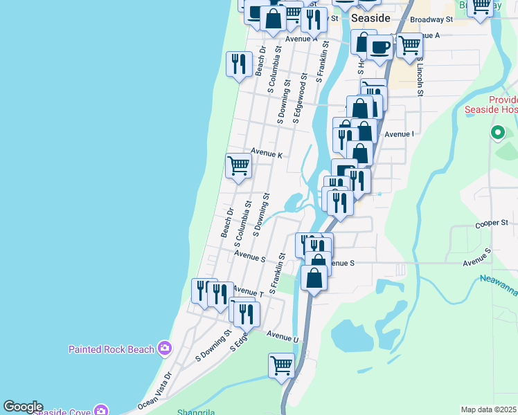 map of restaurants, bars, coffee shops, grocery stores, and more near 141 Avenue North in Seaside