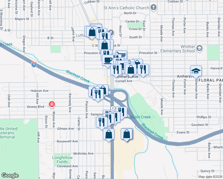 map of restaurants, bars, coffee shops, grocery stores, and more near State Highway 393 in Butte