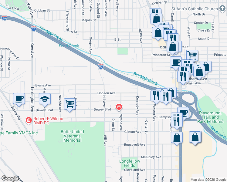 map of restaurants, bars, coffee shops, grocery stores, and more near 1426 Evans Avenue in Butte