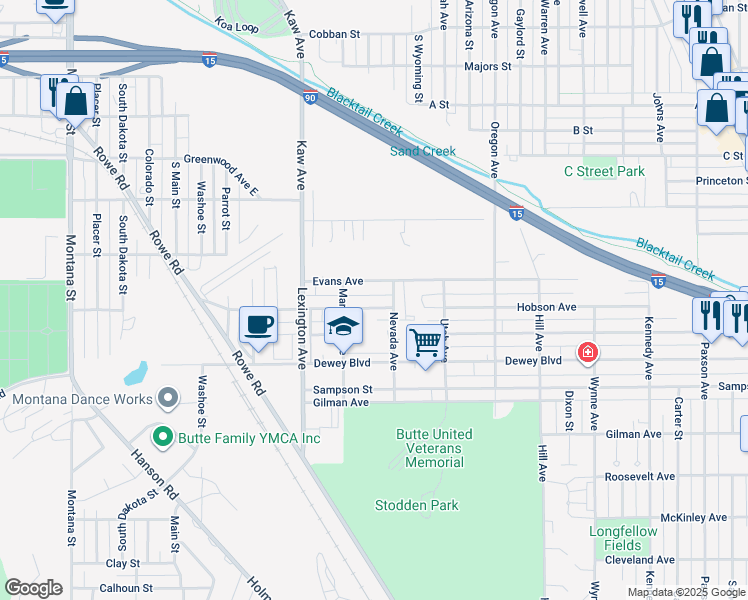 map of restaurants, bars, coffee shops, grocery stores, and more near 826 Evans Avenue in Butte