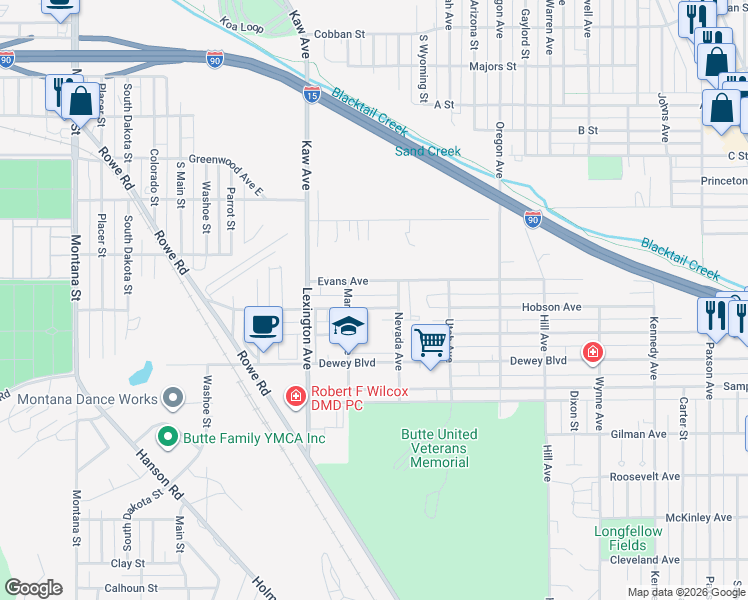 map of restaurants, bars, coffee shops, grocery stores, and more near 826 Evans Avenue in Butte