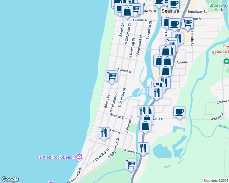 map of restaurants, bars, coffee shops, grocery stores, and more near 141 Avenue North in Seaside