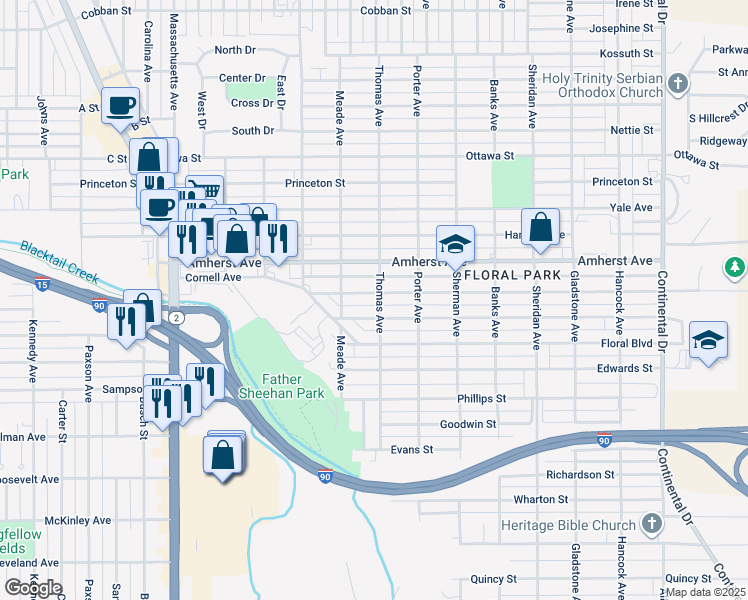 map of restaurants, bars, coffee shops, grocery stores, and more near 2526 Bayard Street in Butte