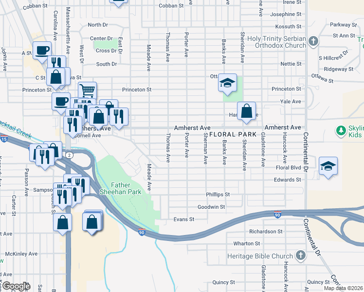 map of restaurants, bars, coffee shops, grocery stores, and more near 2638 Bayard Street in Butte
