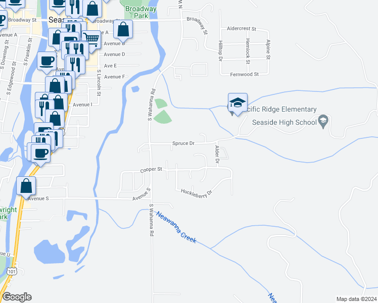 map of restaurants, bars, coffee shops, grocery stores, and more near 1339 Stillwater Court in Seaside