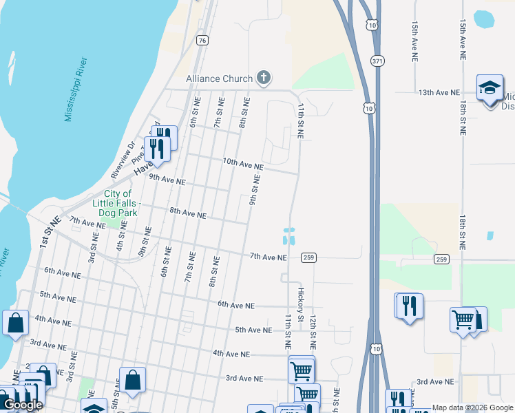 map of restaurants, bars, coffee shops, grocery stores, and more near 910 9th Street Northeast in Little Falls