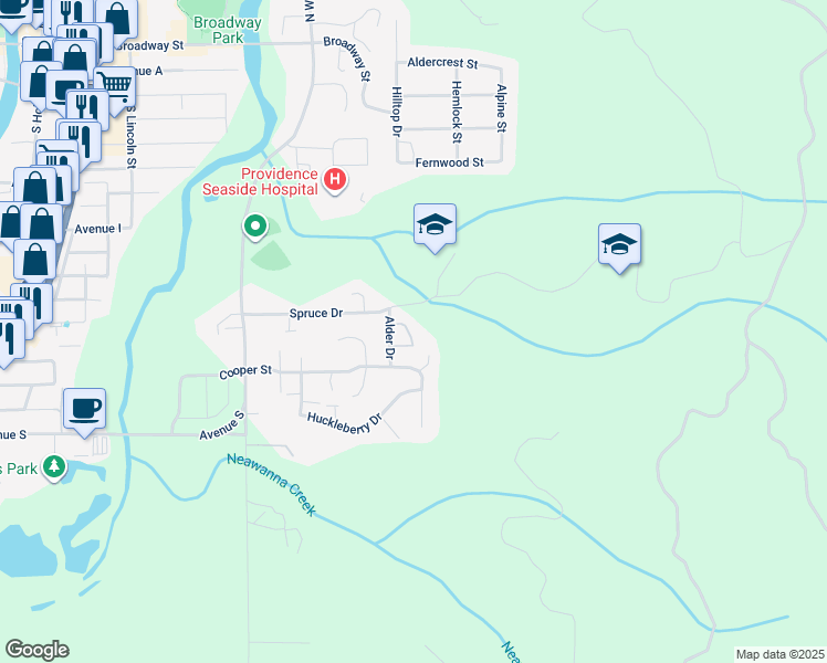 map of restaurants, bars, coffee shops, grocery stores, and more near 1953 Spruce Drive in Seaside
