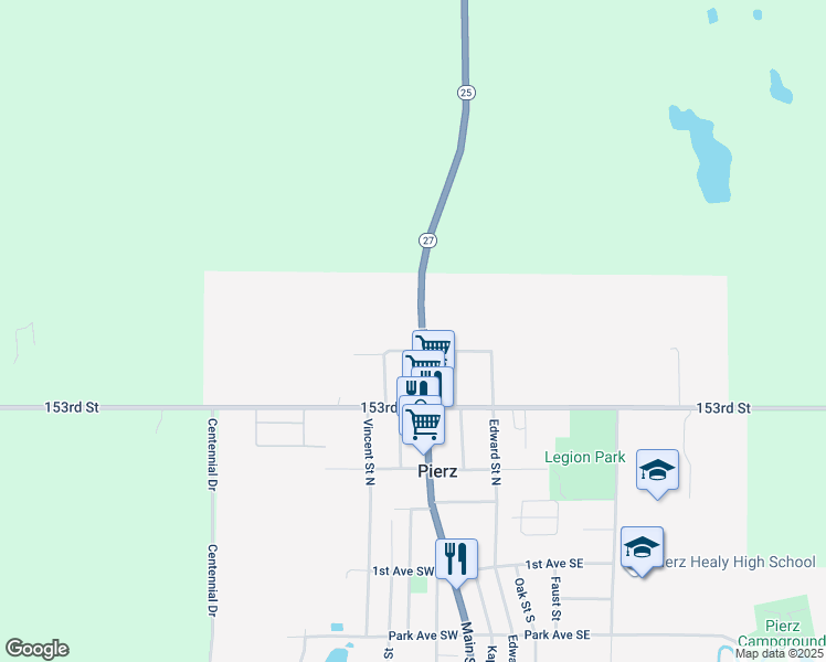 map of restaurants, bars, coffee shops, grocery stores, and more near 4015 Minnesota 25 in Pierz