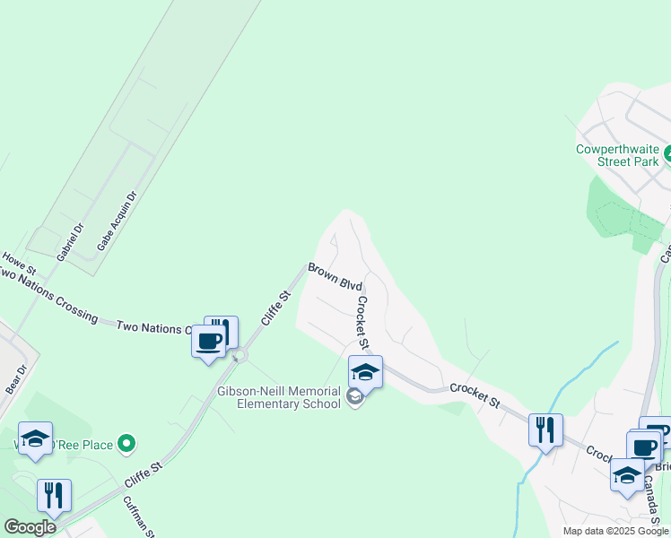 map of restaurants, bars, coffee shops, grocery stores, and more near 36 Brown Boulevard in Fredericton