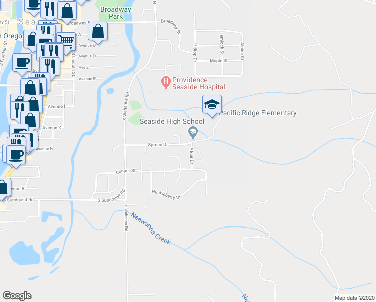 map of restaurants, bars, coffee shops, grocery stores, and more near 1389 Stillwater Court in Seaside
