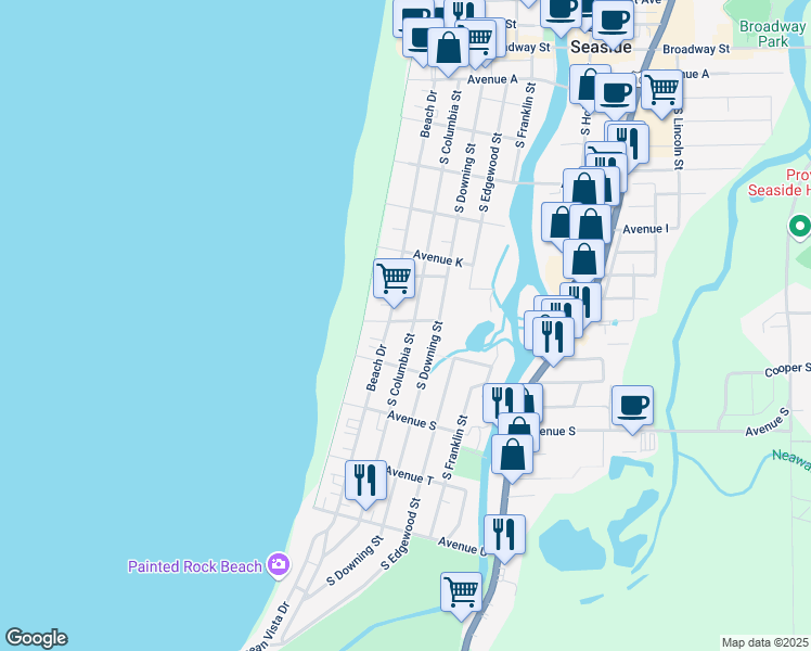 map of restaurants, bars, coffee shops, grocery stores, and more near 141 Avenue North in Seaside