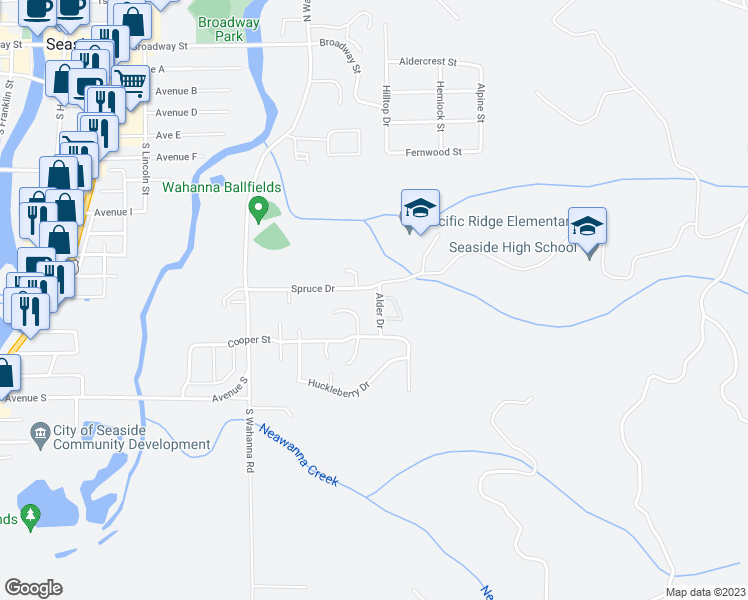 map of restaurants, bars, coffee shops, grocery stores, and more near 1350 Alder Drive in Seaside