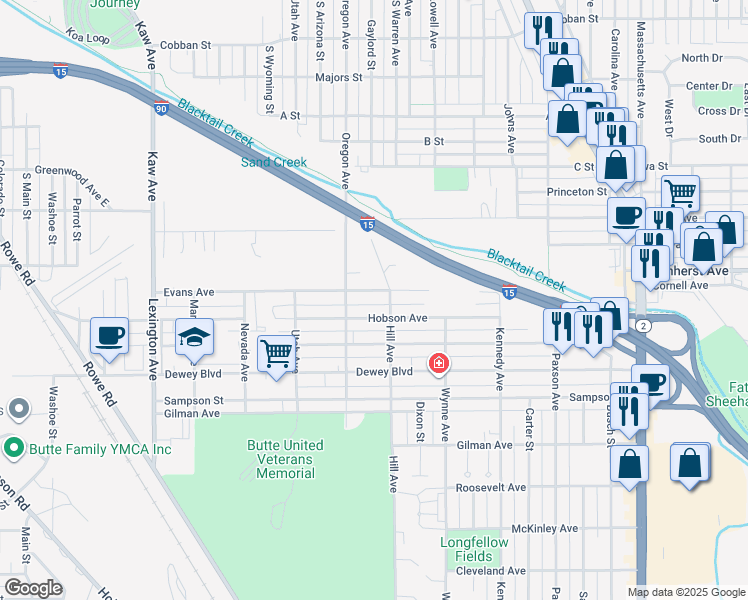 map of restaurants, bars, coffee shops, grocery stores, and more near 1350 Evans Avenue in Butte