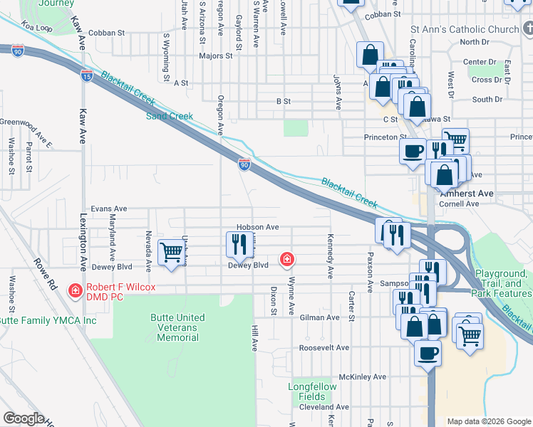 map of restaurants, bars, coffee shops, grocery stores, and more near 1426 Evans Avenue in Butte