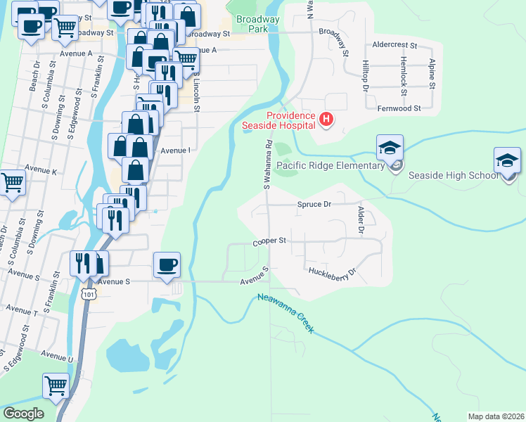 map of restaurants, bars, coffee shops, grocery stores, and more near 1358 South Wahanna Road in Seaside