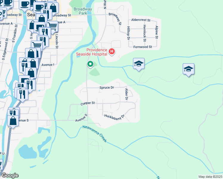 map of restaurants, bars, coffee shops, grocery stores, and more near 1339 Stillwater Court in Seaside