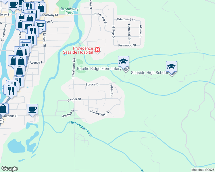 map of restaurants, bars, coffee shops, grocery stores, and more near 1865 Spruce Drive in Seaside