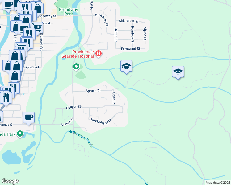 map of restaurants, bars, coffee shops, grocery stores, and more near 1953 Spruce Drive in Seaside