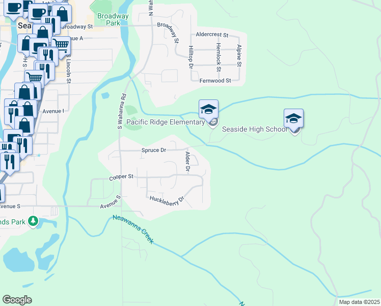 map of restaurants, bars, coffee shops, grocery stores, and more near 1953 Spruce Drive in Seaside
